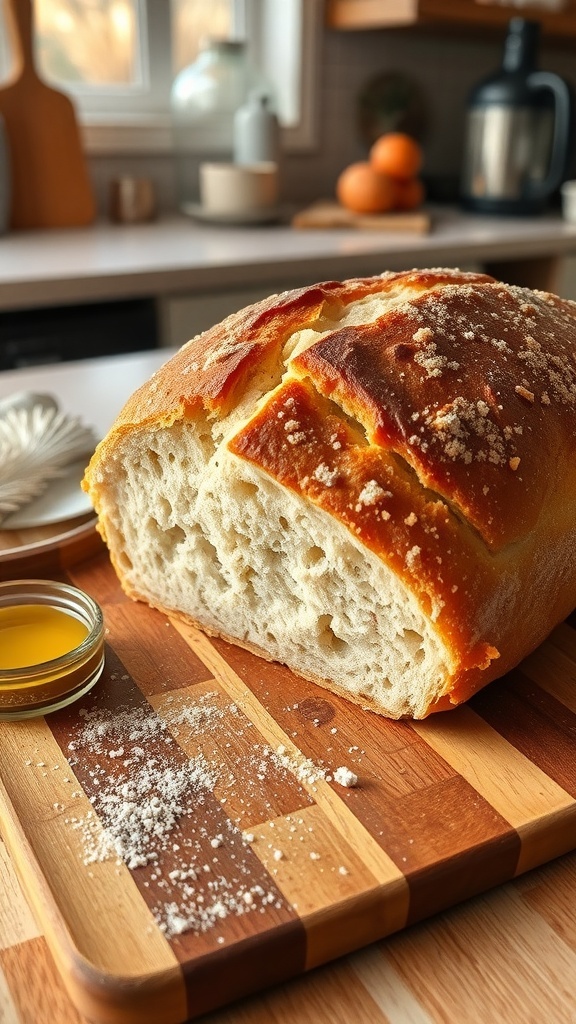 Simple Homemade Bread Recipe for One Loaf A golden brown homemade bread loaf sliced on a cutting board with olive oil in the background.